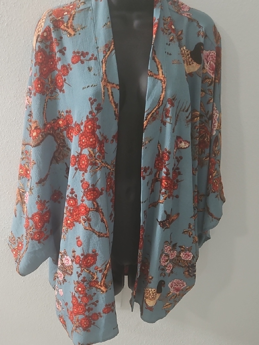 Forever 21 Blue Floral Open-Front Kimono with Red Blossom Print